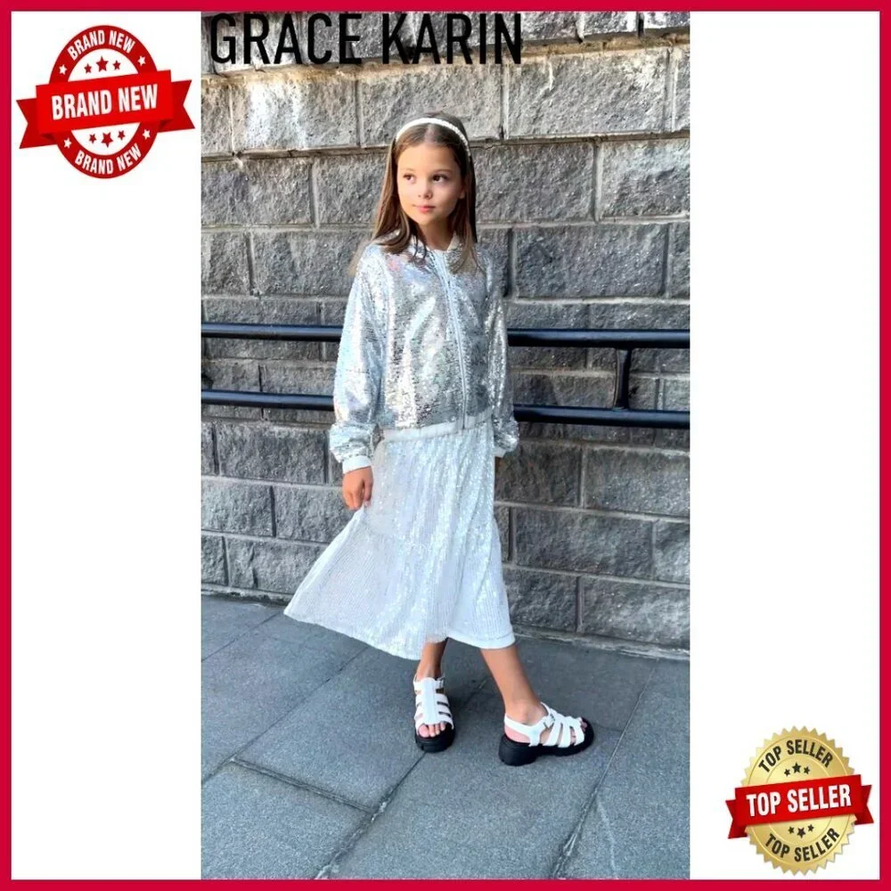 Sparkle Sequin Bomber Jacket Kids Windproof Fall Coat Zipper Front Elastic Hem